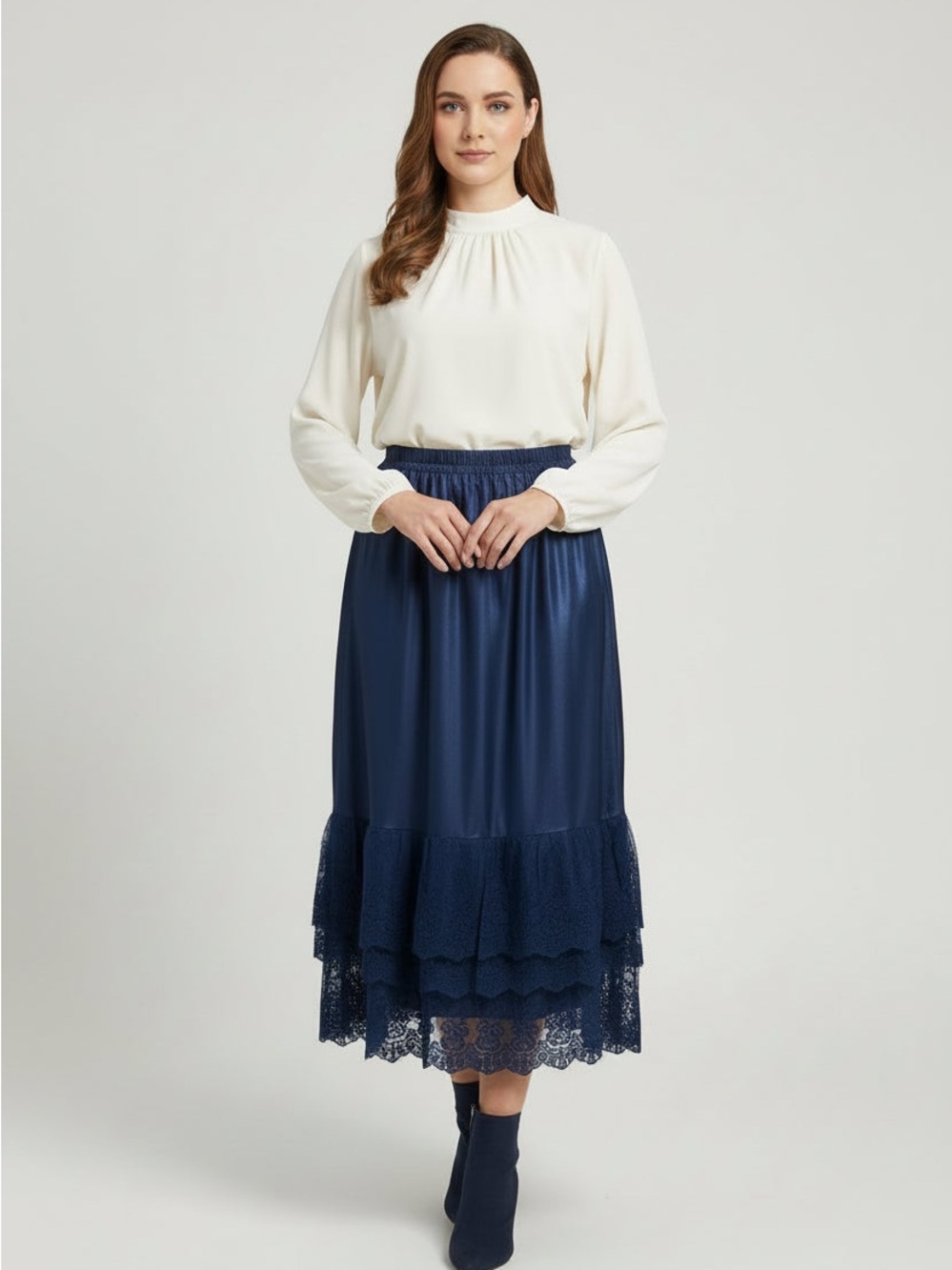 Navy Lace Underlining bottom Tiered Midi Skirt